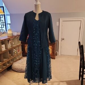 Chic Teal Embroidered Long Sleeve Dress
